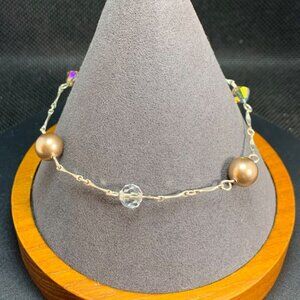 VTG Sterling Silver Champagne Faux Pearl Swarovski Crystal Station Bracelet 7.5"